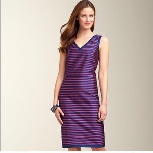 Talbots Silk Dupioni Purple Navy V-Neck Striped Sleeveless Dress size 6